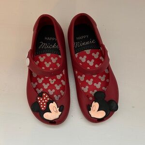 Red Kids Shoes with Mickey and Minnie Design